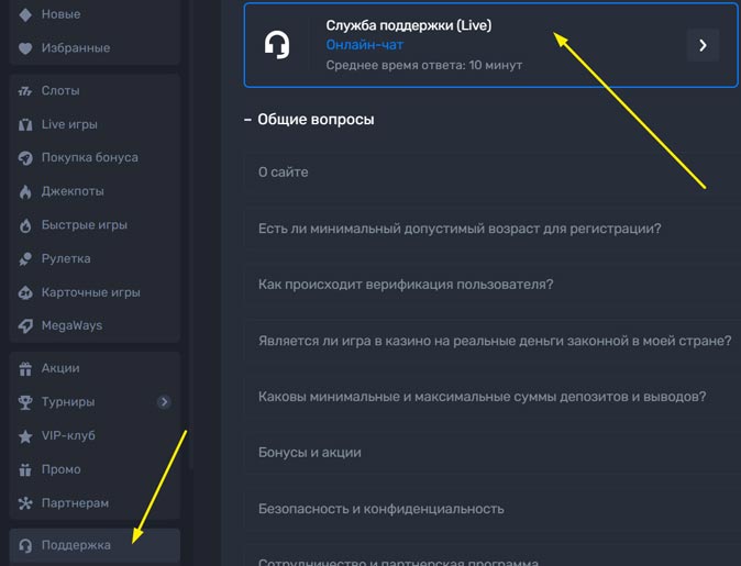 Ссылка на раздел техподдержки